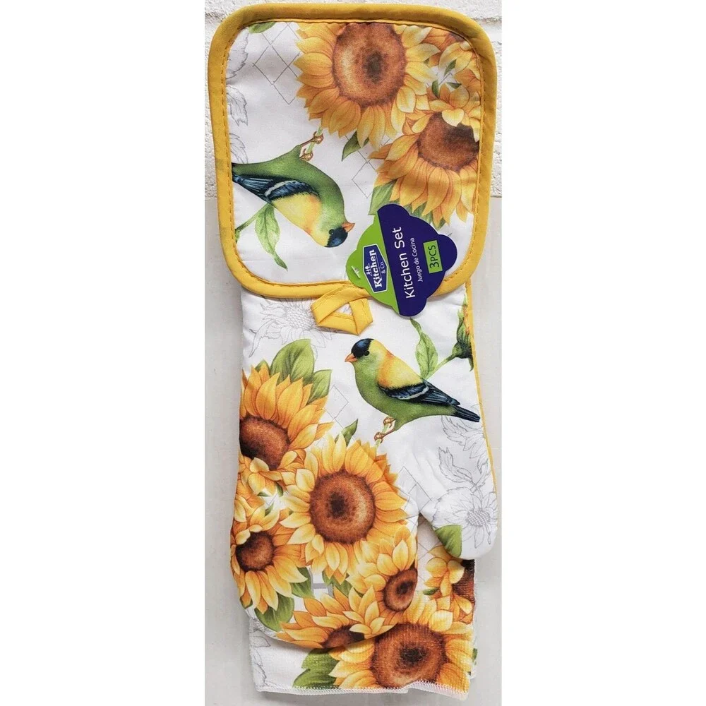 3 pc KITCHEN SET:1POT HOLDER,1OVEN MITT,1MICROFIBER TOWEL,SUNFLOWERS & BIRD,K&Co